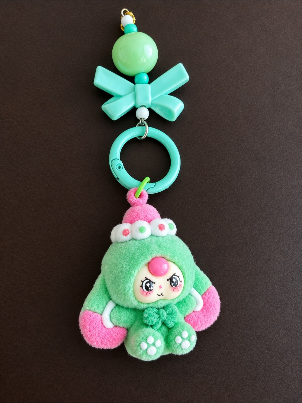Cute Kawaii Green Plush Keychain Bag Charm – Pink & Mint